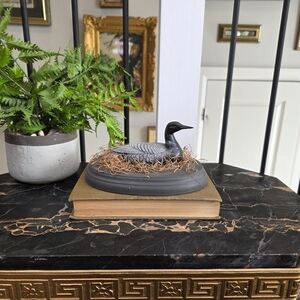 Vintage Loon Bird Figurine in Nest on Wood Base - Rustic Cabin Decor Canadiana